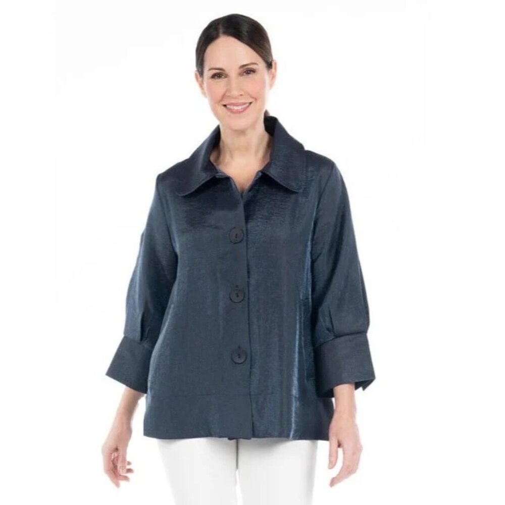 Damee NY Shimmery Button Front  Short Swing Jacket Gray Size L New